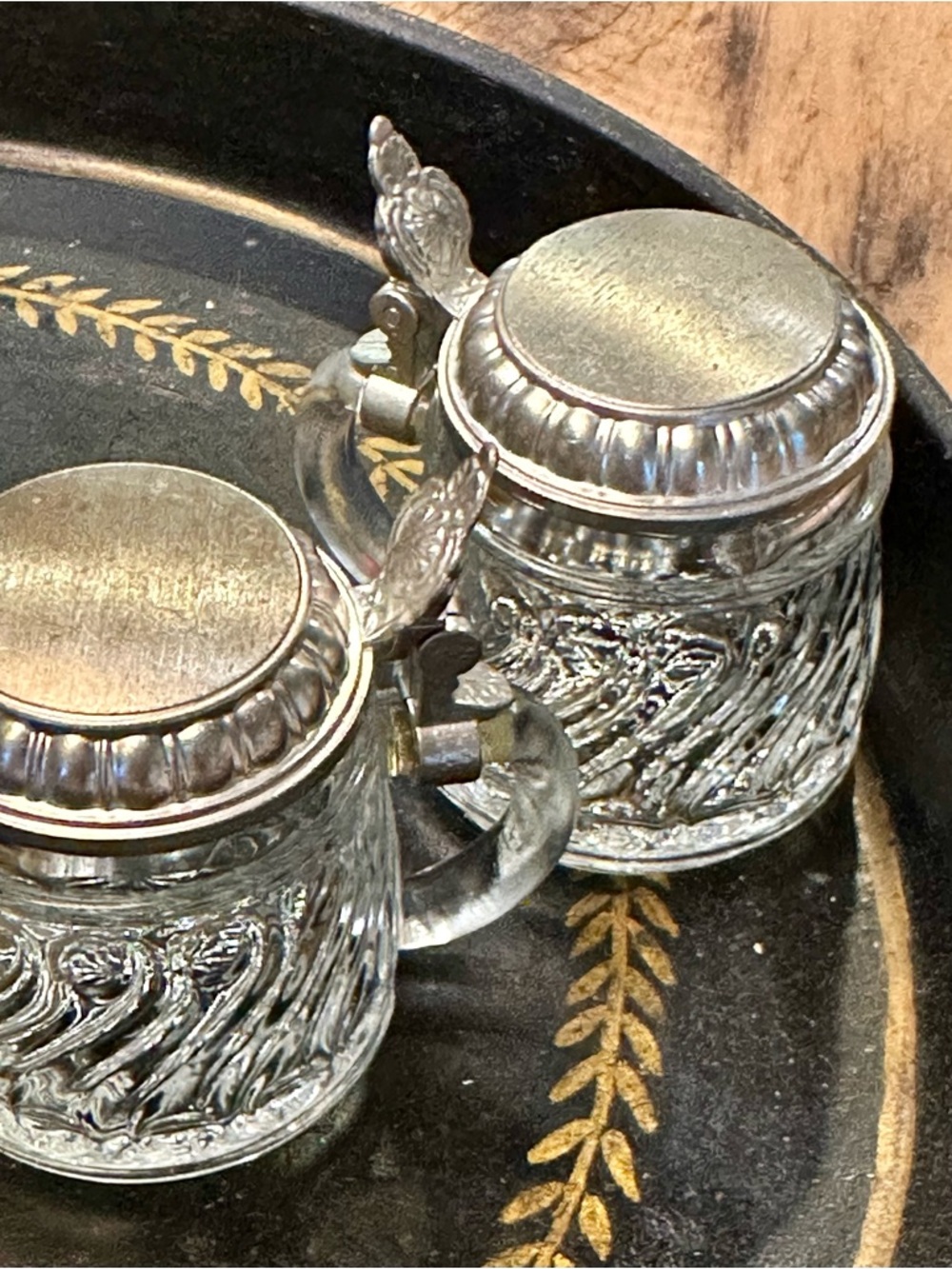 2 Vintage BMF Mini Glass Beer Steins W Germany Glass Pewter Lid Pair